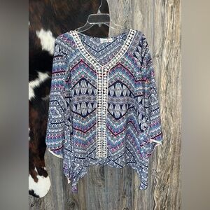 Cato size large flowy colorful geometric sheer blouse with crochet detail